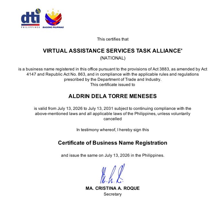 Department of Trade and Industry Certificate of Business Name Registration for Virtual Assistance Services Task Alliance