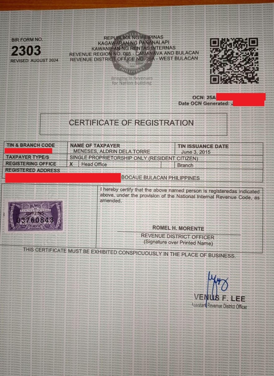 Bureau of Internal Revenue Form 2303 Certificate of Registration