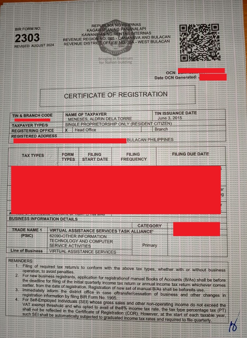 Bureau of Internal Revenue Form 2303 Certificate of Registration with redacted personal details