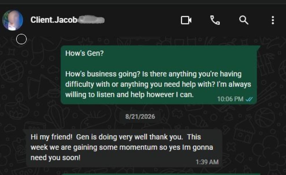 WhatsApp message from a client sharing that business is doing very well and more support may be needed soon