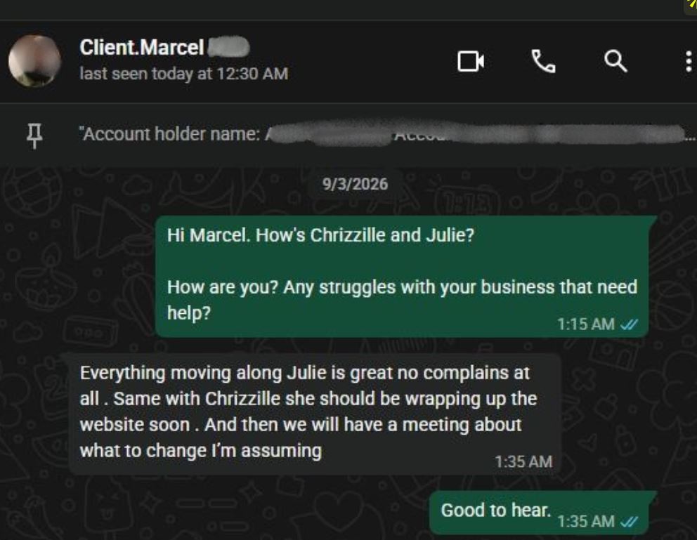 WhatsApp message from a client sharing that everything is moving along well with the team