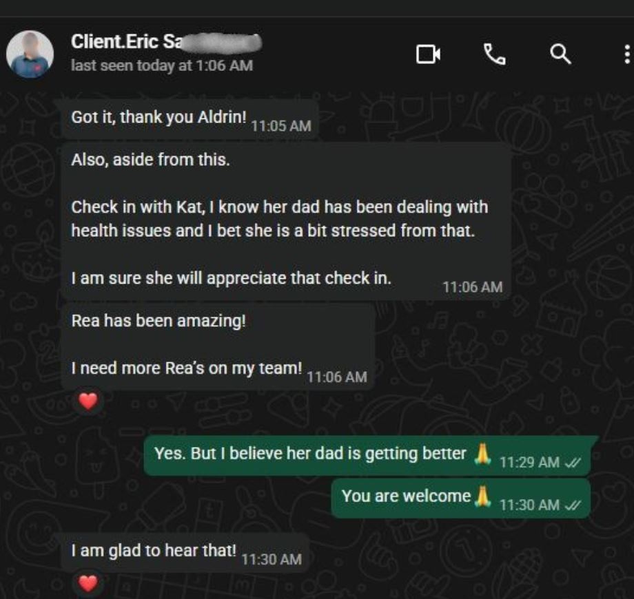 WhatsApp message from a client praising a virtual assistant and asking for more team members like her