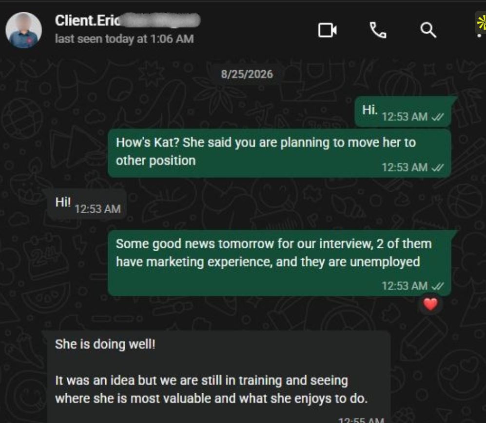 WhatsApp message from a client sharing that a virtual assistant is doing well during training