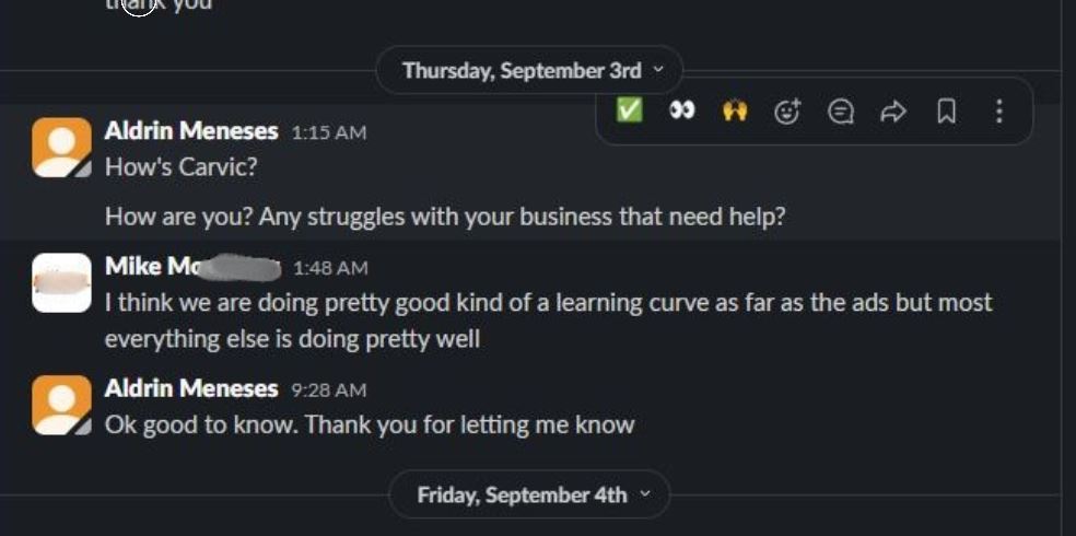 Chat message from a client sharing that the work is doing pretty well while learning the ads